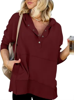 onlypuff Womens Oversized Hoodies and Sweatshirt V Neck Button up Loose Fit Henley Shirt 2022 Fall Fashion