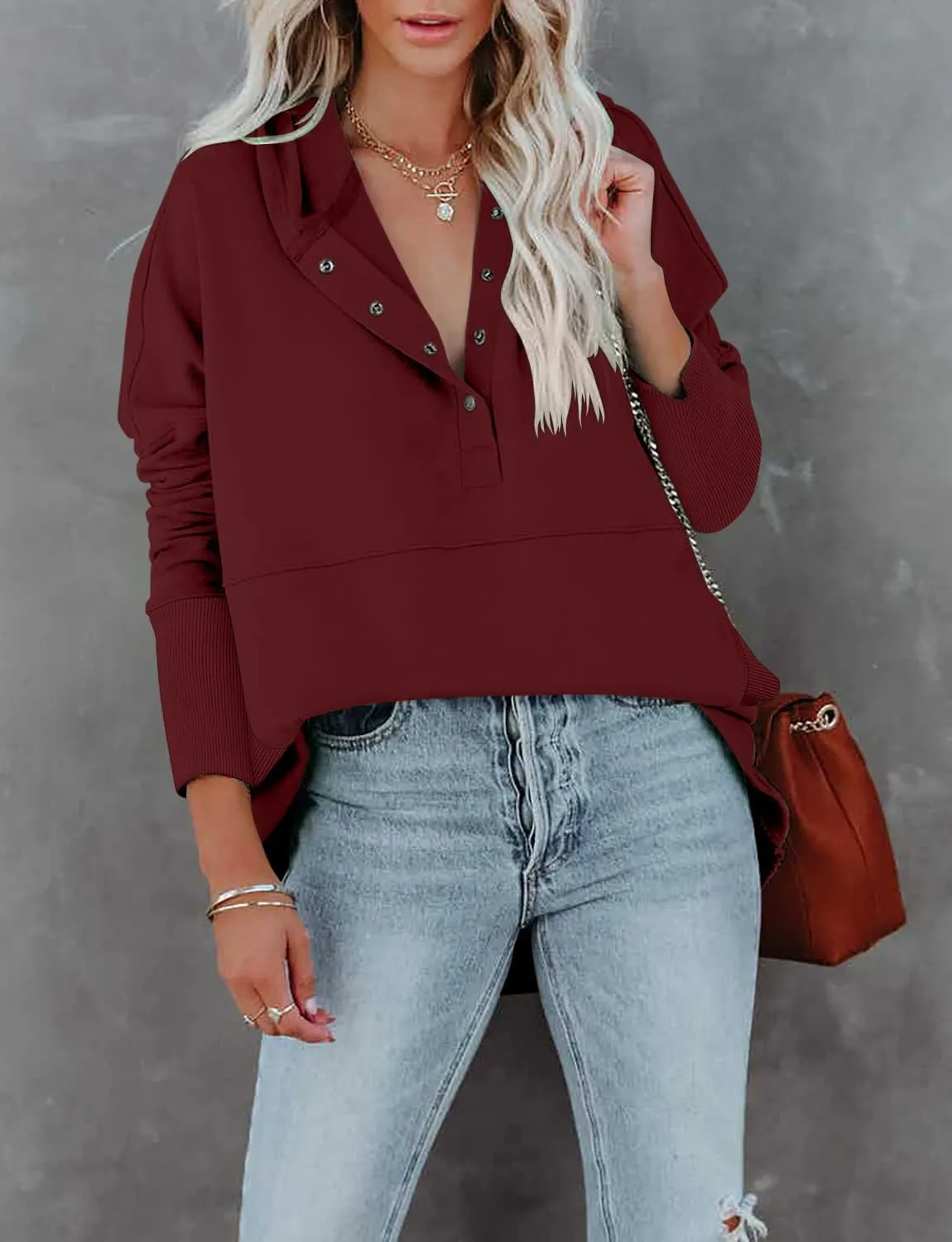 onlypuff Womens Oversized Hoodies and Sweatshirt V Neck Button up Loose Fit Henley Shirt 2022 Fall Fashion