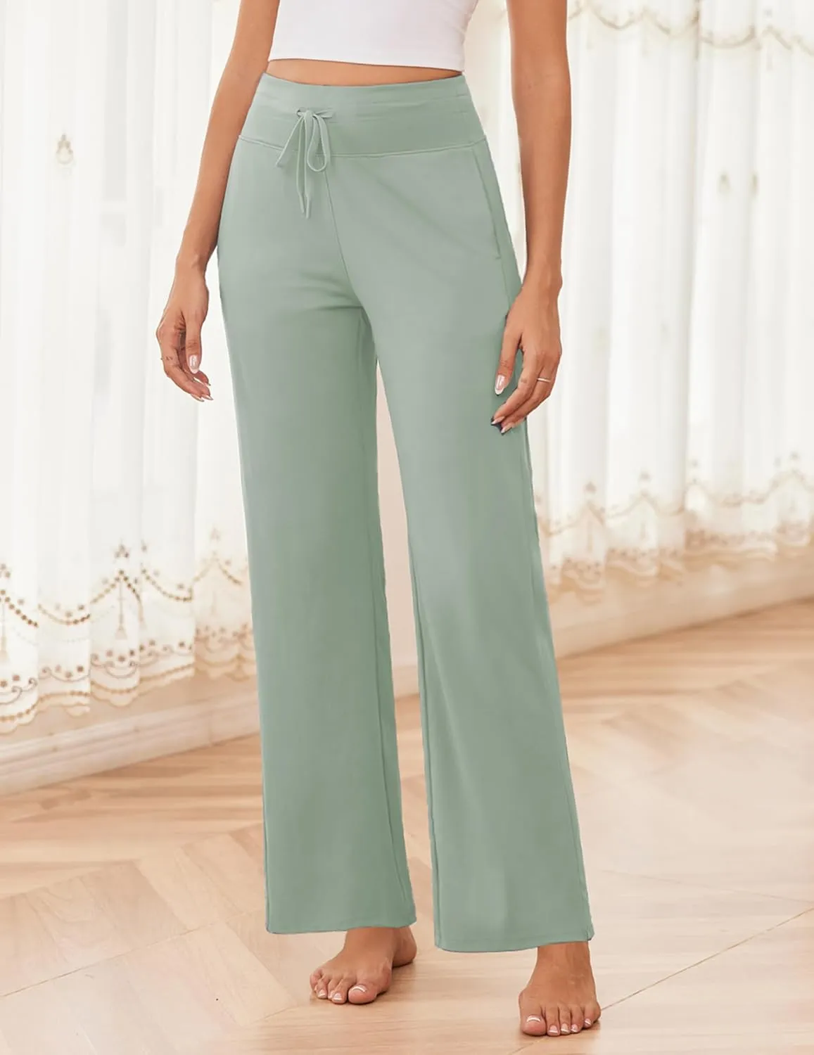PINSPARK Wide Leg Yoga Pants Women High Waisted Workout Pants UPF 50  Drawstring Sweatpants with 4 Pockets