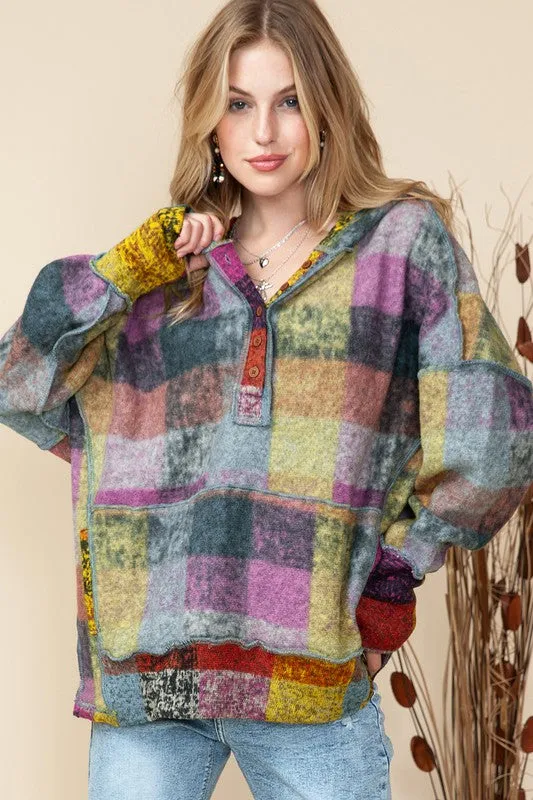 Plus Red Green Mustard Plaid Inside-out Hood Tunic Top