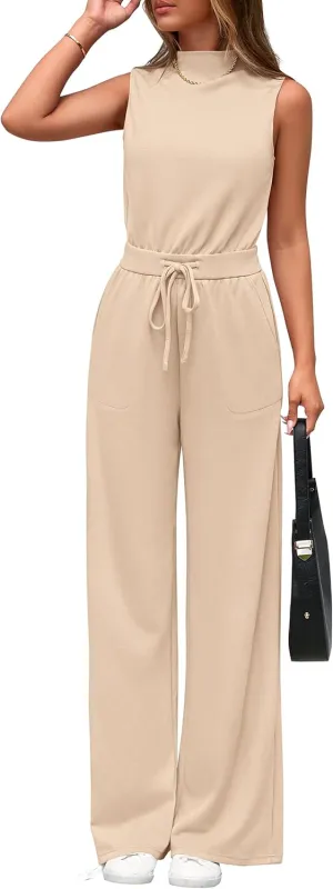 PRETTYGARDEN Jumpsuits for Women Dressy 2025 Summer One Piece Outfits Casual Sleeveless Mock Neck Wide Leg Pants Rompers