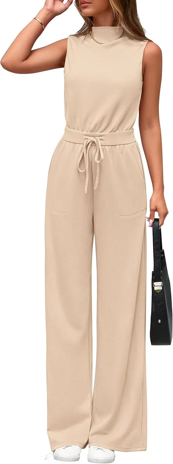 PRETTYGARDEN Jumpsuits for Women Dressy 2025 Summer One Piece Outfits Casual Sleeveless Mock Neck Wide Leg Pants Rompers