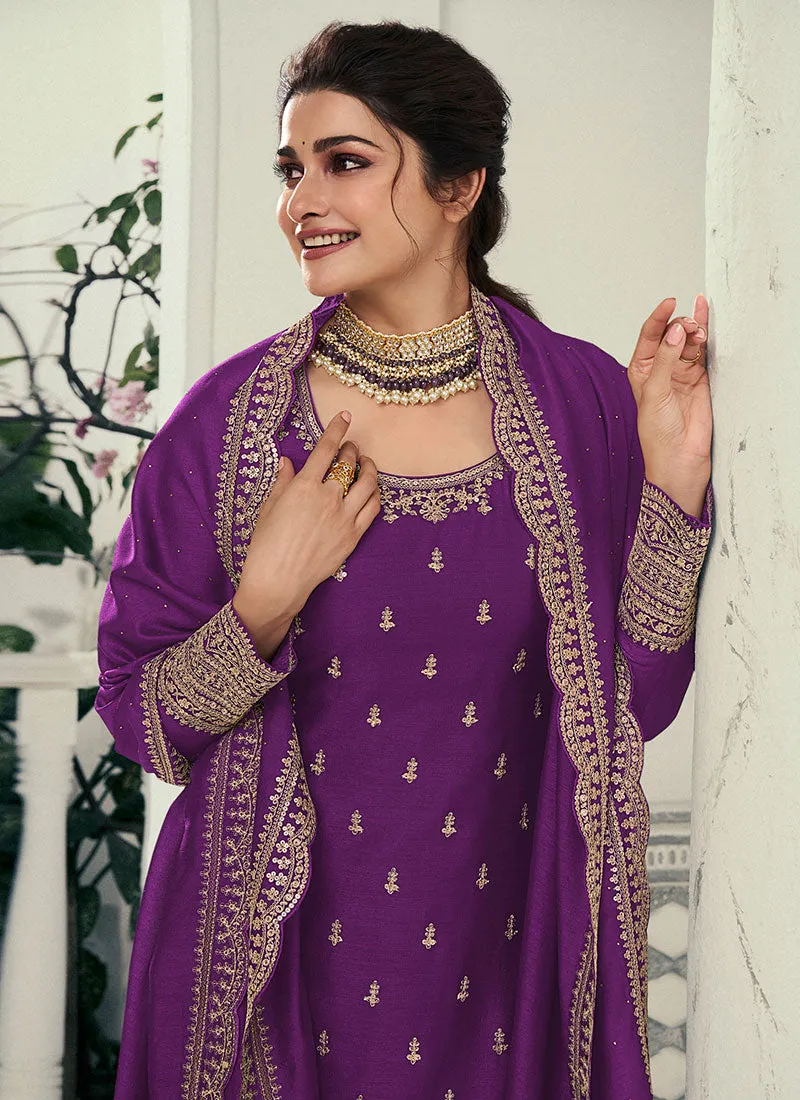 Purple Thread Embroidery Pant Style Suit