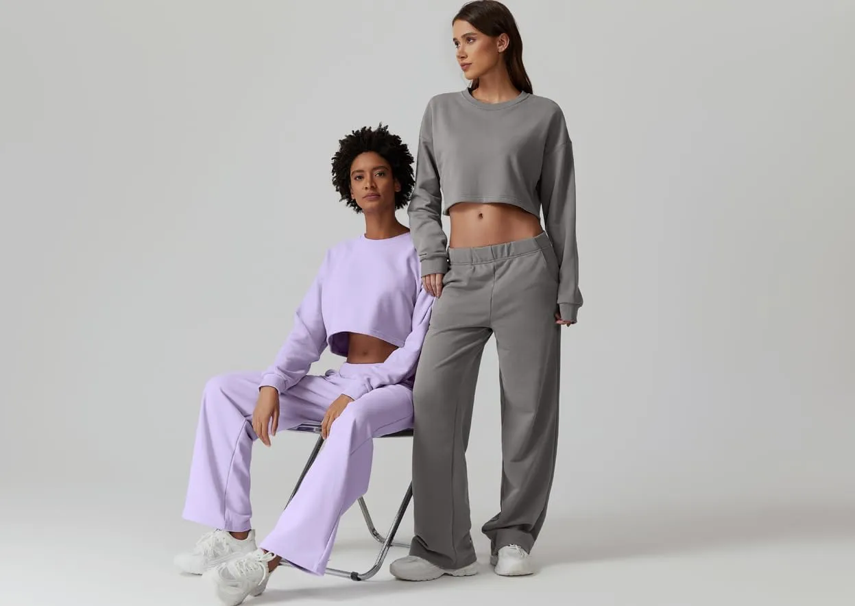 QINSEN Womens Crewneck Open Back Long Sleeve Crop Sweatsuit Elastic Waist Long Pants 2PCS Outfit Sets Loungewear