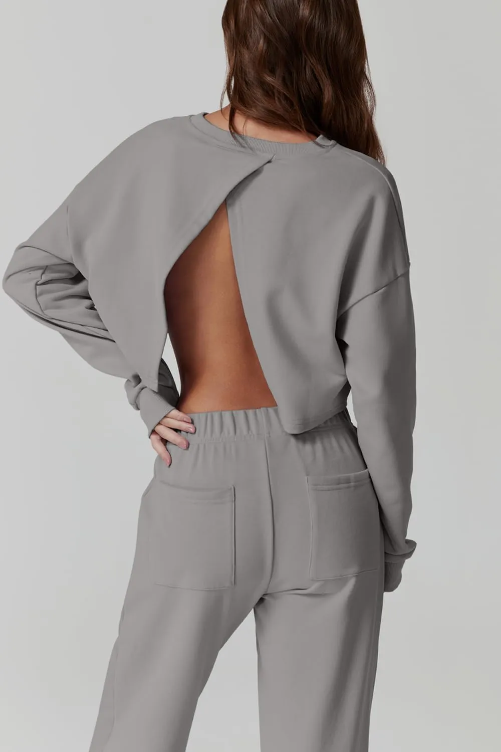 QINSEN Womens Crewneck Open Back Long Sleeve Crop Sweatsuit Elastic Waist Long Pants 2PCS Outfit Sets Loungewear