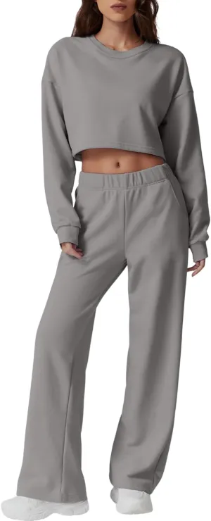QINSEN Womens Crewneck Open Back Long Sleeve Crop Sweatsuit Elastic Waist Long Pants 2PCS Outfit Sets Loungewear