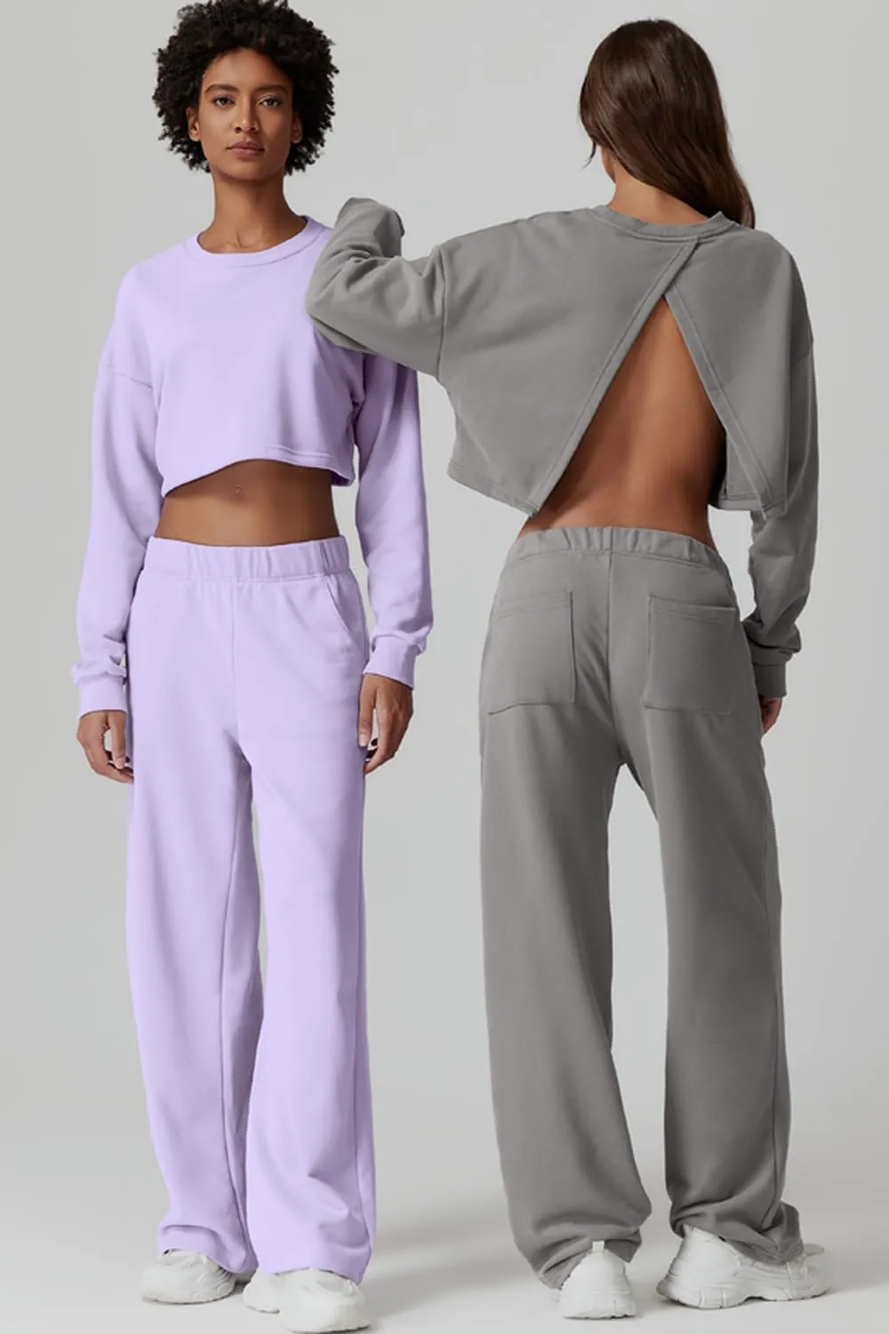 QINSEN Womens Crewneck Open Back Long Sleeve Crop Sweatsuit Elastic Waist Long Pants 2PCS Outfit Sets Loungewear