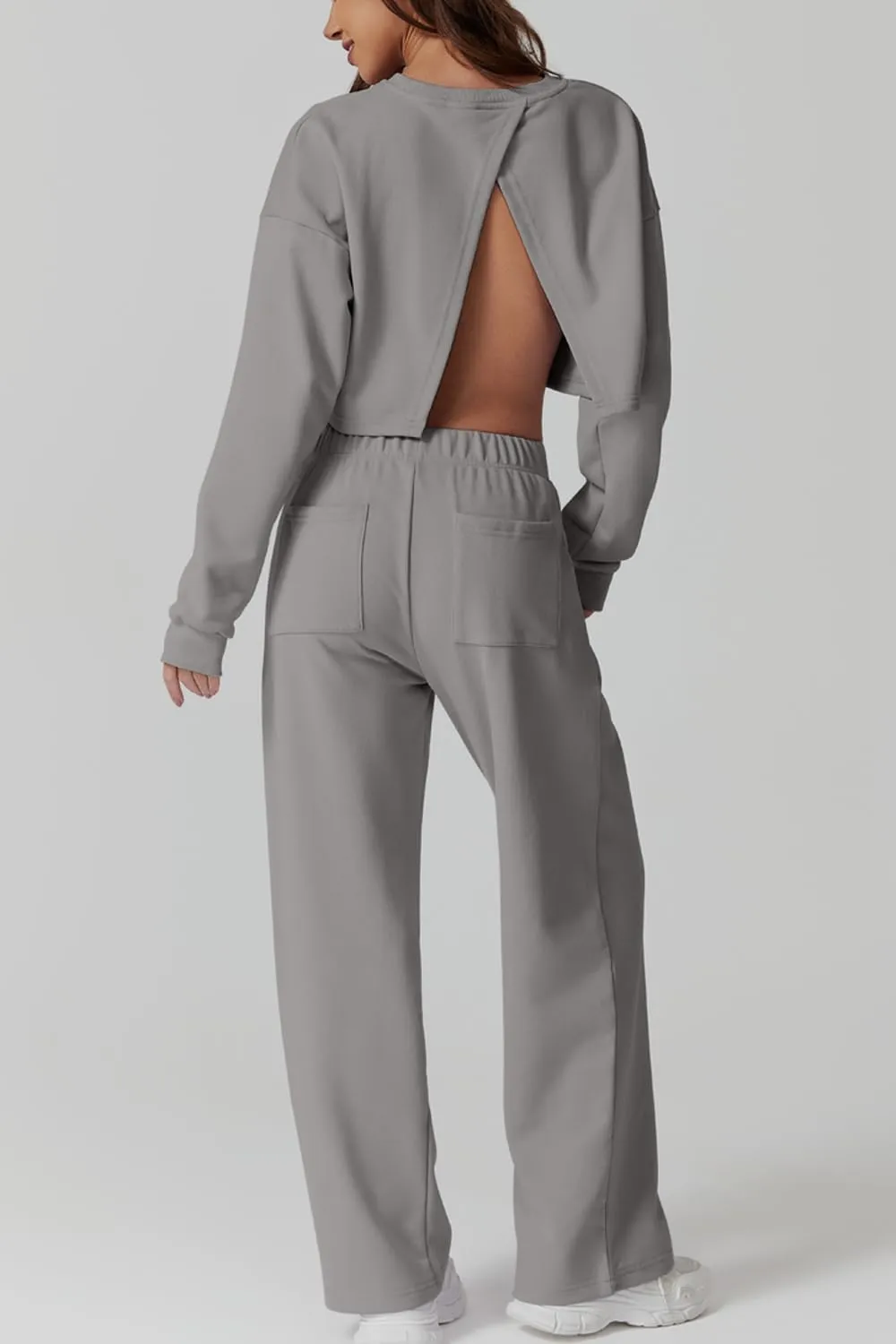 QINSEN Womens Crewneck Open Back Long Sleeve Crop Sweatsuit Elastic Waist Long Pants 2PCS Outfit Sets Loungewear