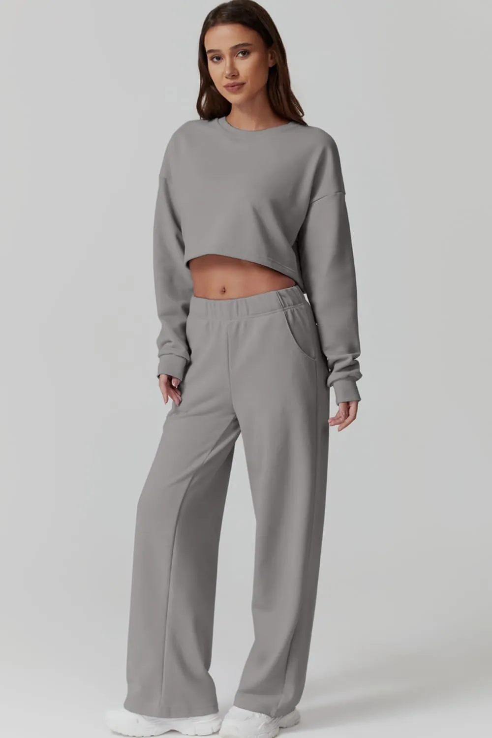 QINSEN Womens Crewneck Open Back Long Sleeve Crop Sweatsuit Elastic Waist Long Pants 2PCS Outfit Sets Loungewear