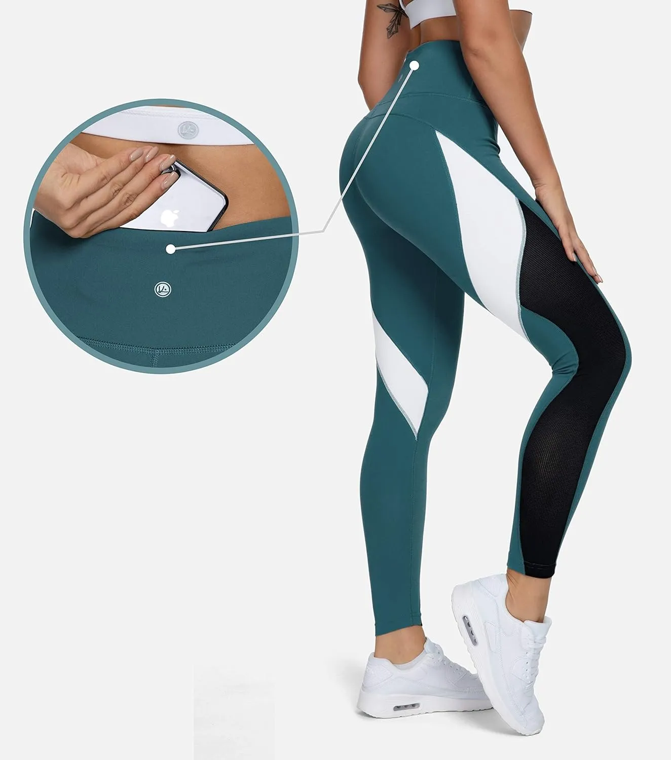 QUEENIEKE Women Yoga Pants Color Blocking Mesh Workout Running Leggings Tights 8030