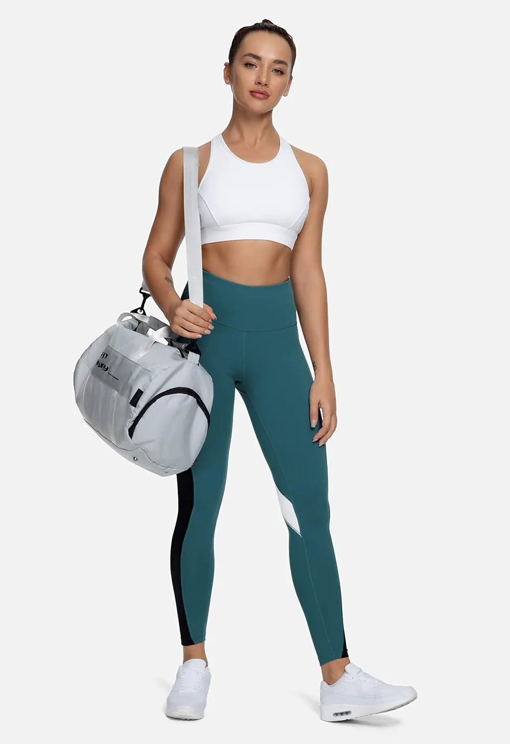 QUEENIEKE Women Yoga Pants Color Blocking Mesh Workout Running Leggings Tights 8030