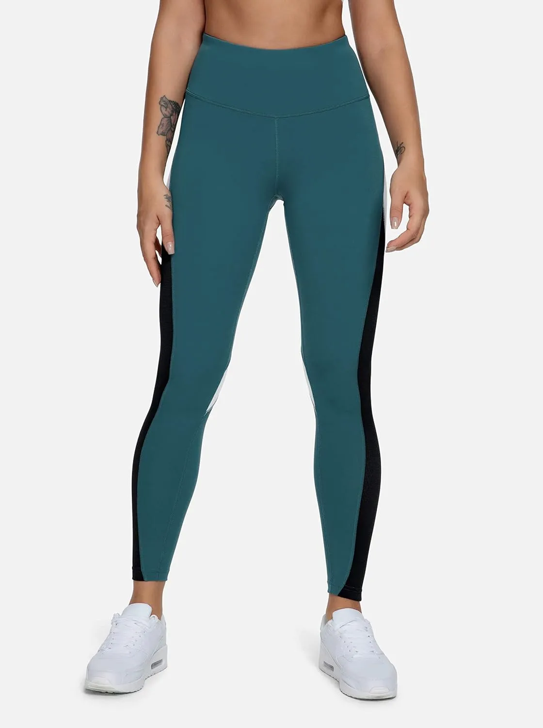 QUEENIEKE Women Yoga Pants Color Blocking Mesh Workout Running Leggings Tights 8030