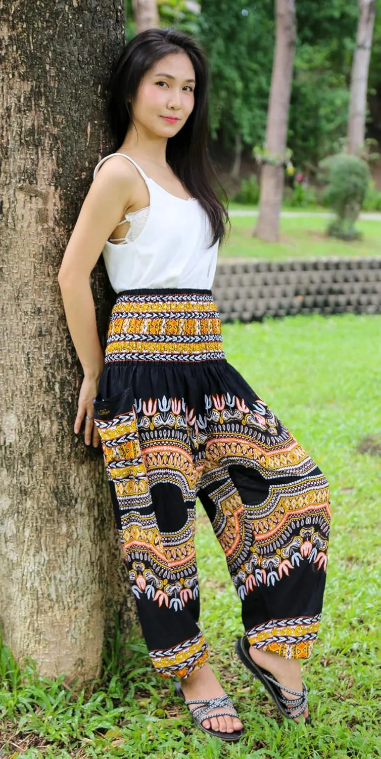 RaanPahMuang Smocked Waist Harem Baggy Pants, Women, Rayon Elephant Boho Yoga