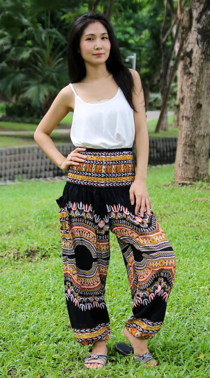 RaanPahMuang Smocked Waist Harem Baggy Pants, Women, Rayon Elephant Boho Yoga