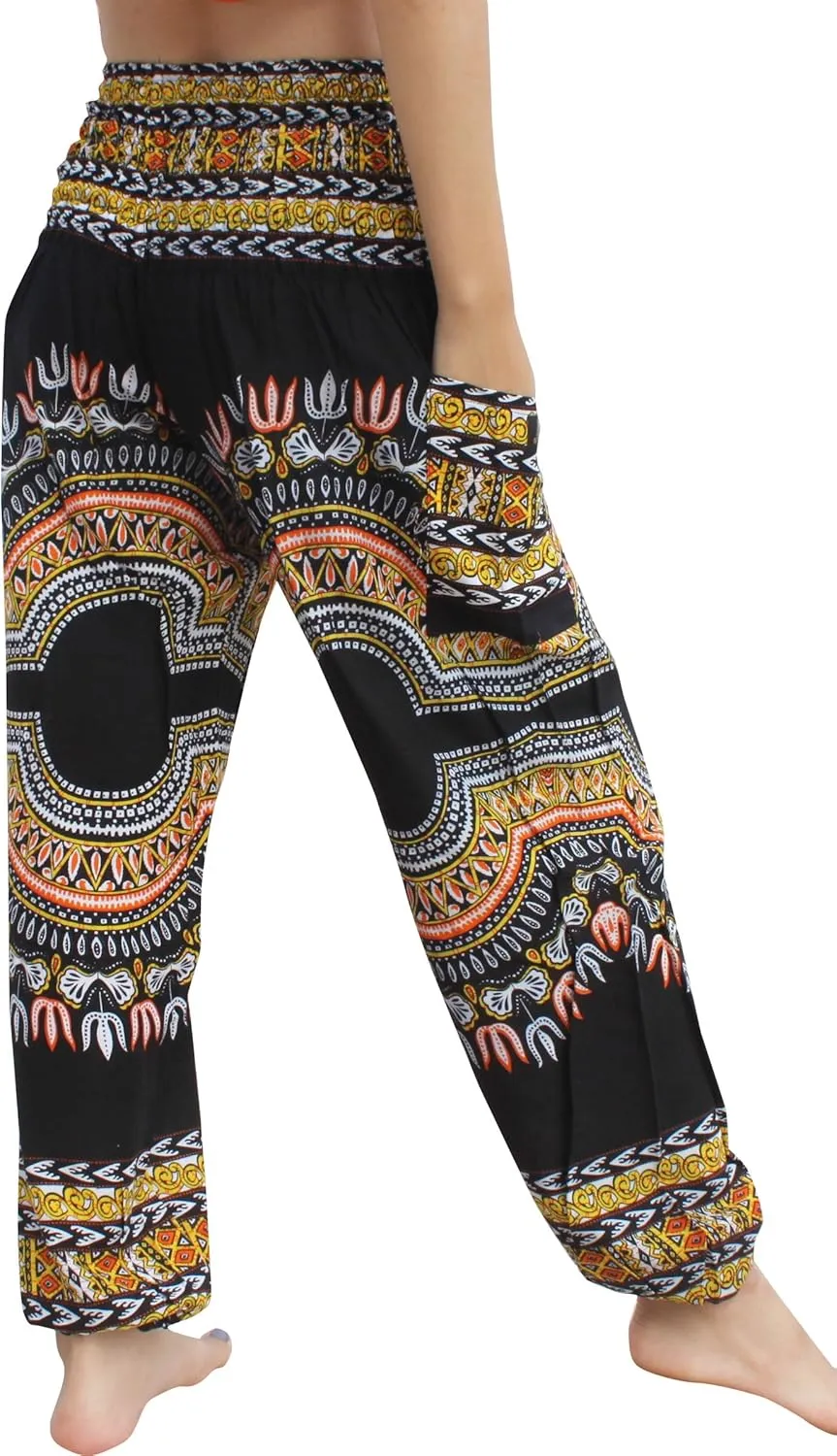 RaanPahMuang Smocked Waist Harem Baggy Pants, Women, Rayon Elephant Boho Yoga