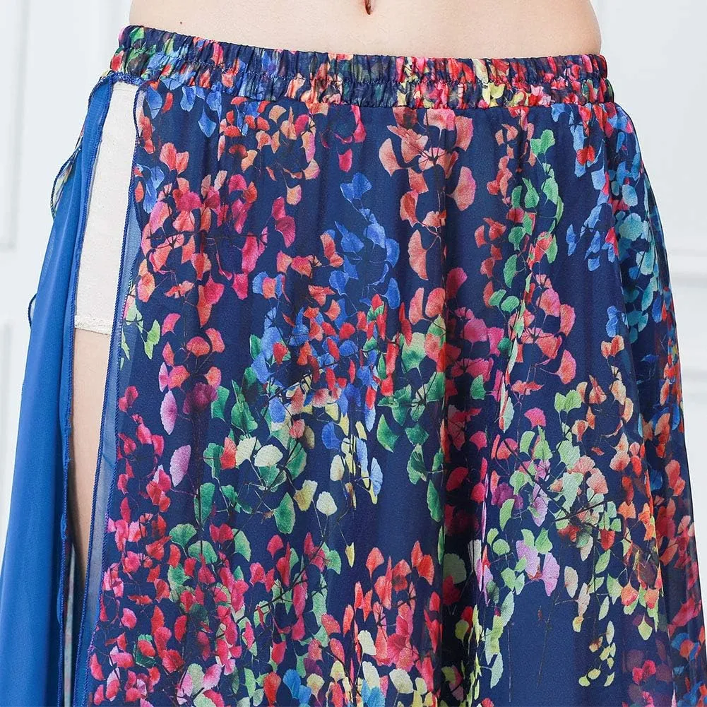 ROYAL SMEELA Belly Dance Skirt Chiffon Slit Flamenco Skirt Flowy Boho Floral Summer Beach Maxi Skirt Dancer Outfit Costume