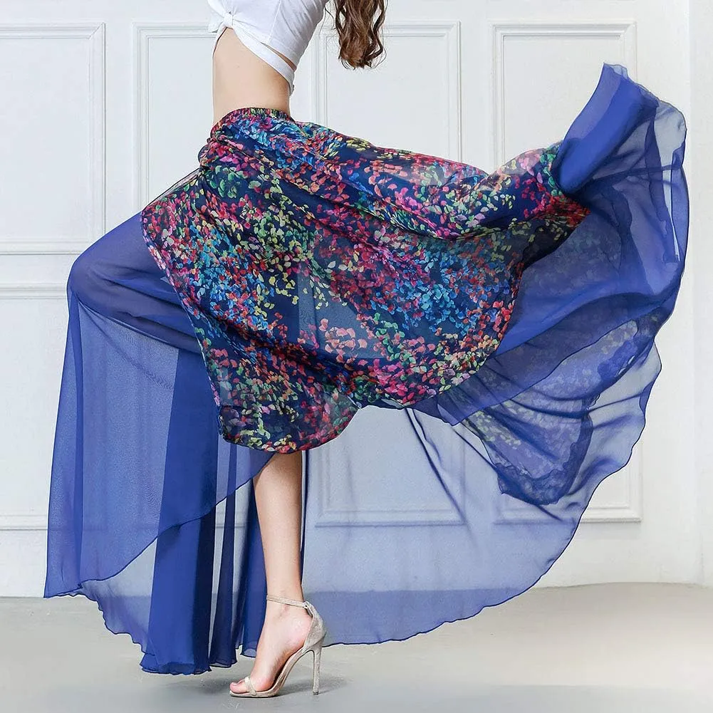 ROYAL SMEELA Belly Dance Skirt Chiffon Slit Flamenco Skirt Flowy Boho Floral Summer Beach Maxi Skirt Dancer Outfit Costume