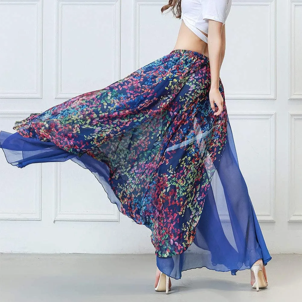 ROYAL SMEELA Belly Dance Skirt Chiffon Slit Flamenco Skirt Flowy Boho Floral Summer Beach Maxi Skirt Dancer Outfit Costume