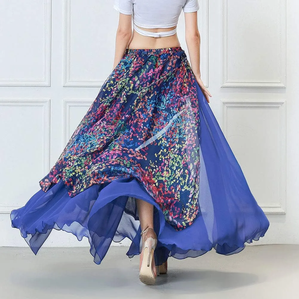 ROYAL SMEELA Belly Dance Skirt Chiffon Slit Flamenco Skirt Flowy Boho Floral Summer Beach Maxi Skirt Dancer Outfit Costume