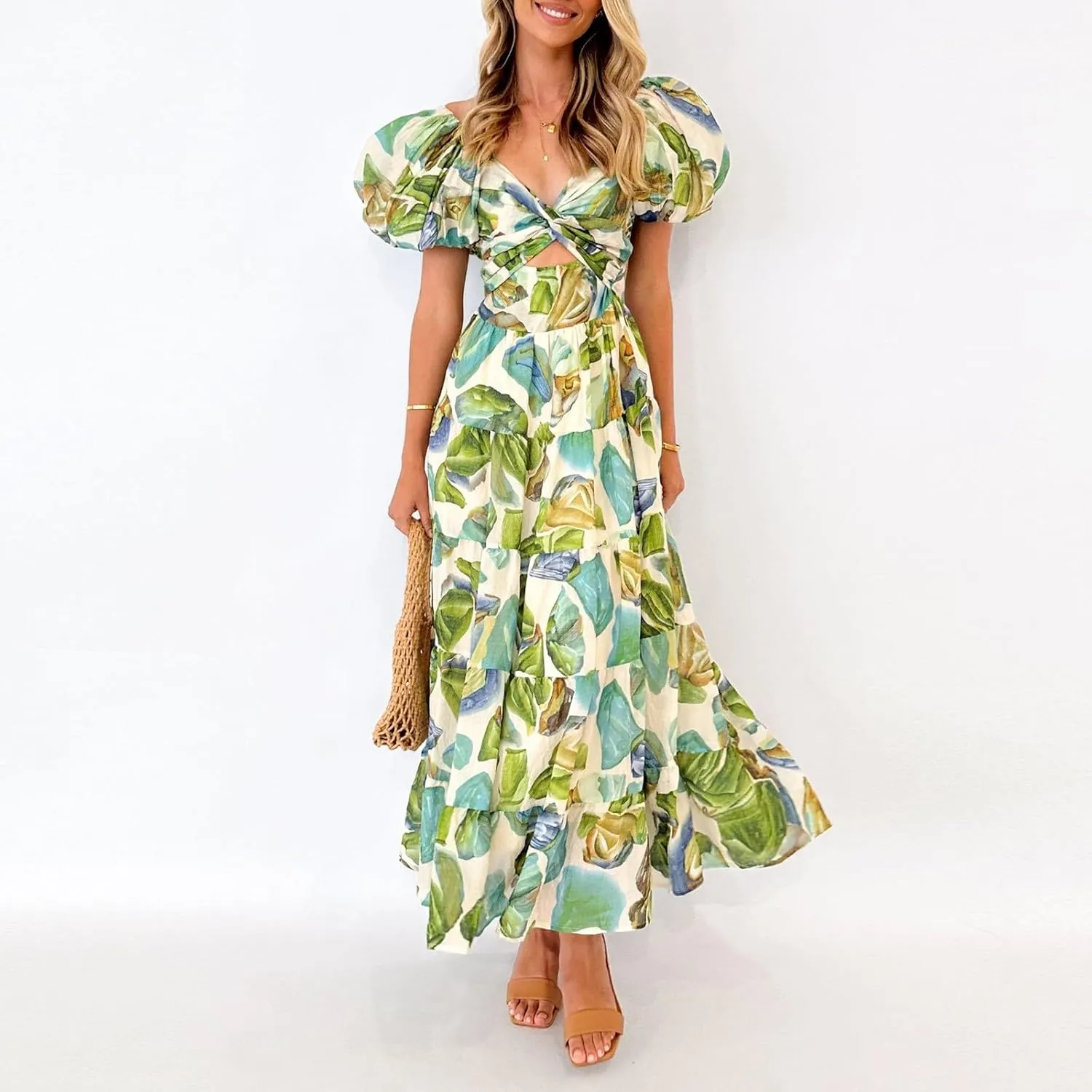 Rvidbe Summer Dresses for Women 2025 Vacation Beach Casual Puff Sleeve V-Neck Front Twist Floral Print Cutout Maxi Dress