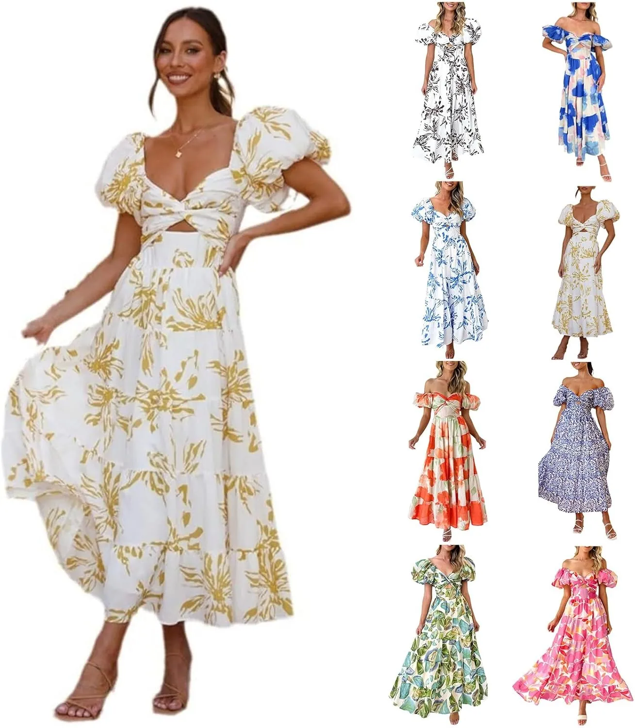 Rvidbe Summer Dresses for Women 2025 Vacation Beach Casual Puff Sleeve V-Neck Front Twist Floral Print Cutout Maxi Dress