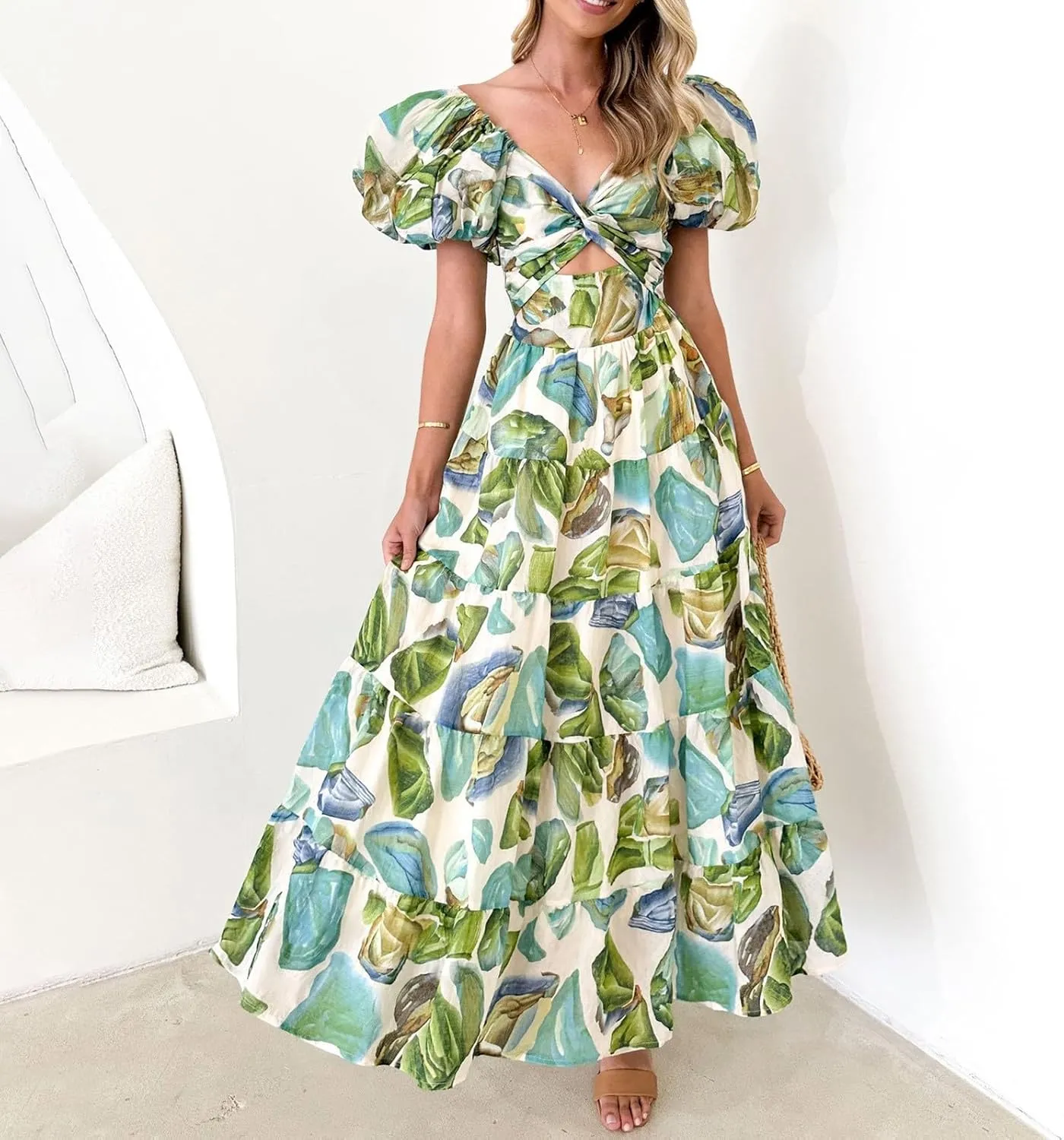 Rvidbe Summer Dresses for Women 2025 Vacation Beach Casual Puff Sleeve V-Neck Front Twist Floral Print Cutout Maxi Dress