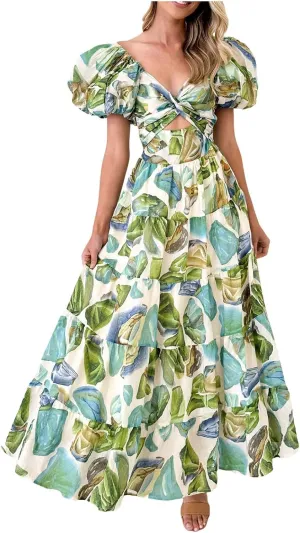 Rvidbe Summer Dresses for Women 2025 Vacation Beach Casual Puff Sleeve V-Neck Front Twist Floral Print Cutout Maxi Dress