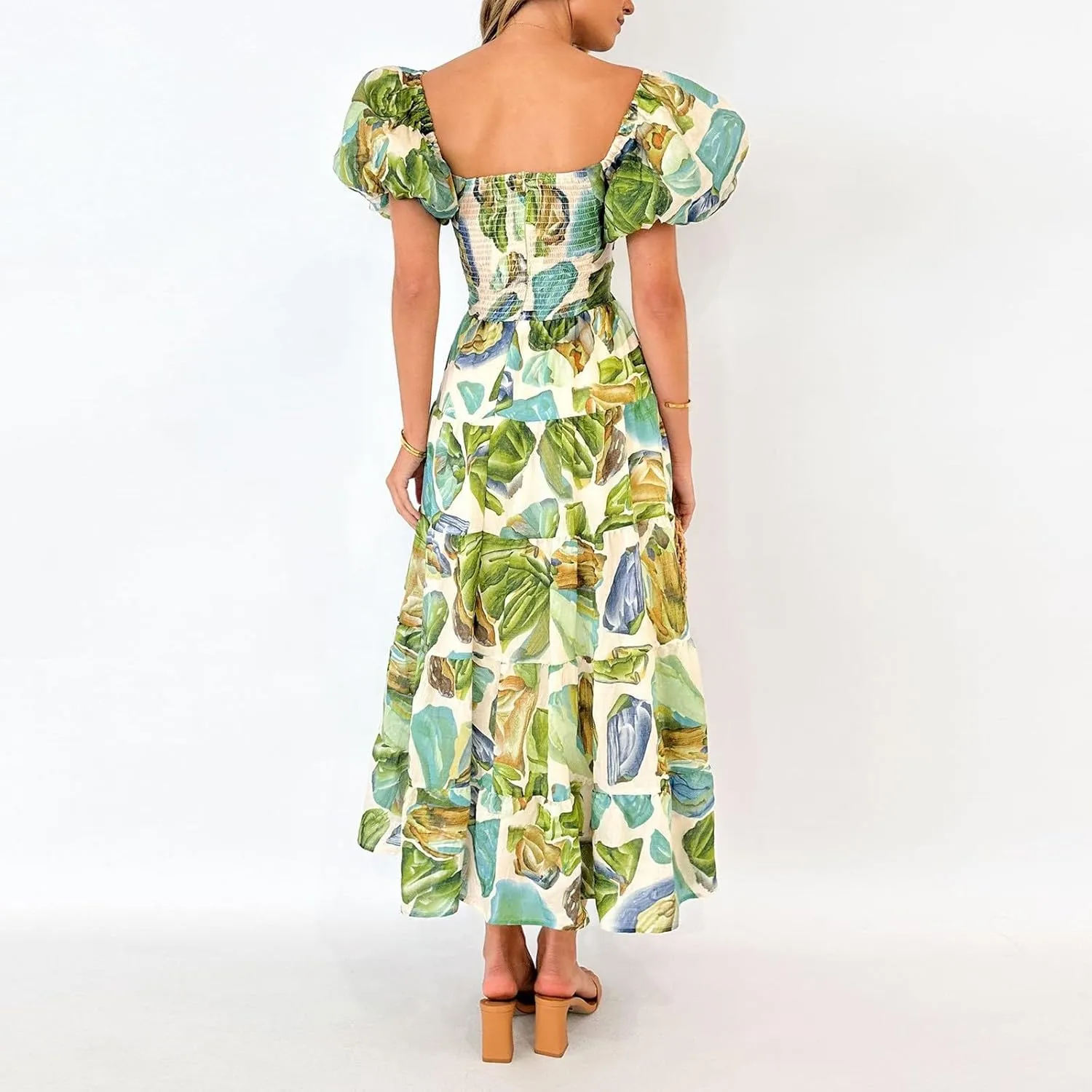 Rvidbe Summer Dresses for Women 2025 Vacation Beach Casual Puff Sleeve V-Neck Front Twist Floral Print Cutout Maxi Dress