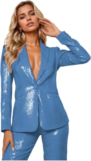 Sequin Womens Suit 2 Piece Set Dressy Sexy V Neck Wedding Tuxedos Glitter Sparkly Blazer Pants Prom Party Outfit