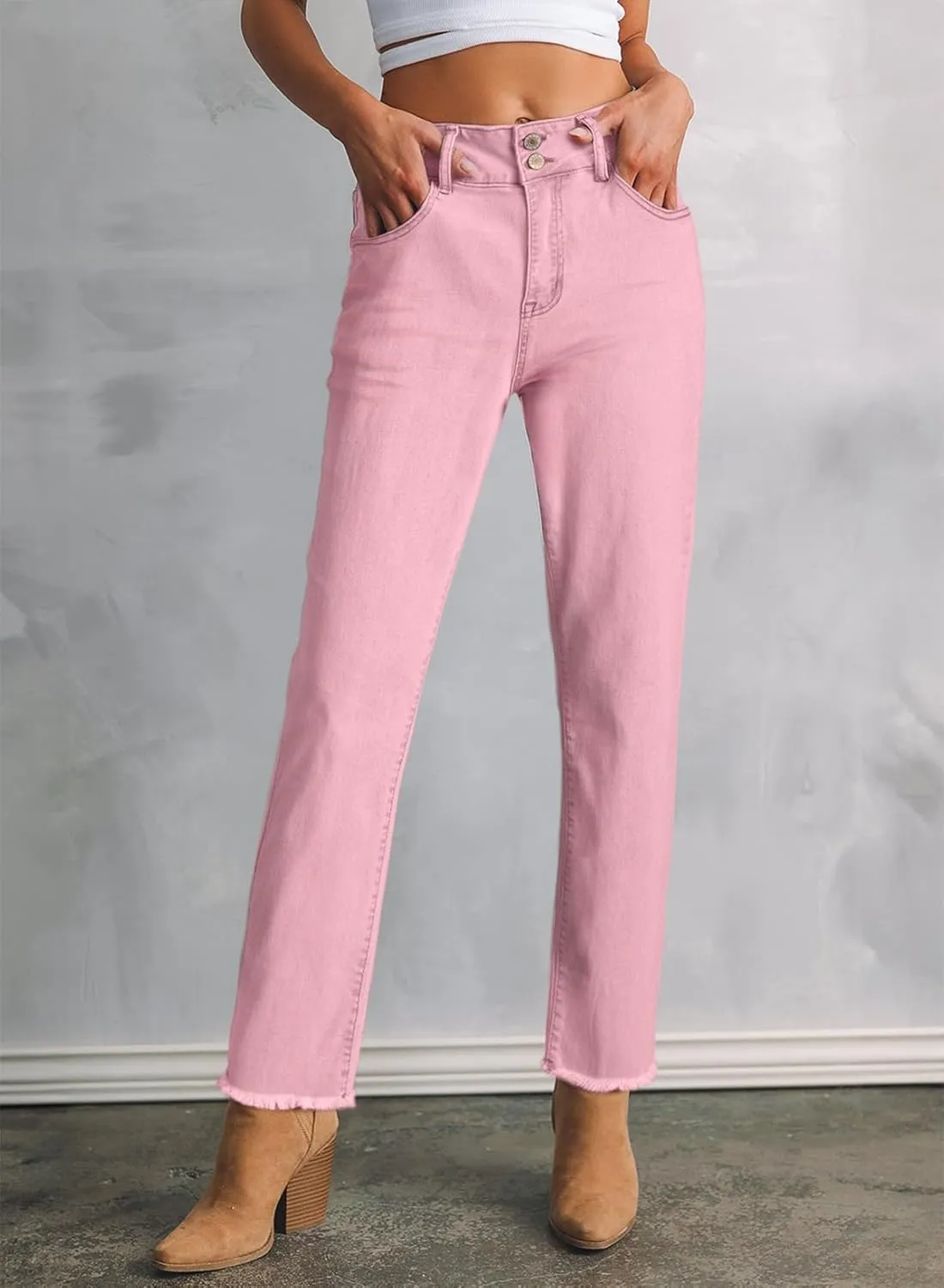Sidefeel Women's High Waisted Jeans Strechy Spring Fashion Raw Hem Straight Leg Ankle Denim Pants with Pockets
