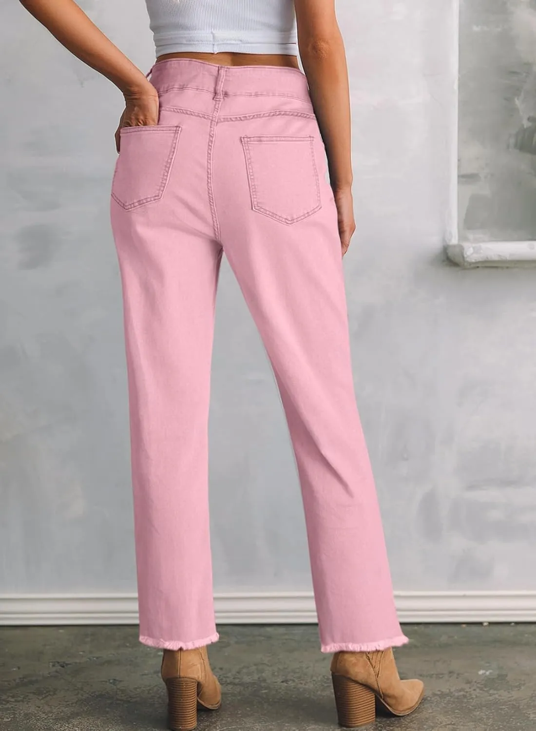 Sidefeel Women's High Waisted Jeans Strechy Spring Fashion Raw Hem Straight Leg Ankle Denim Pants with Pockets