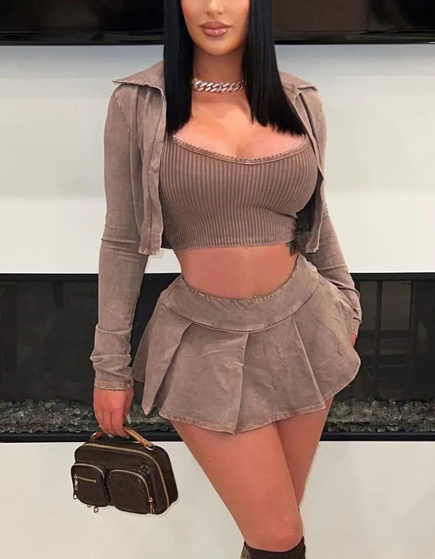 Skirt and Top Set for Women Sexy Casual Long Sleeve Crop Tops and Tennis Skort Dress 3 Piece Outfits Going Out Sweat Suit