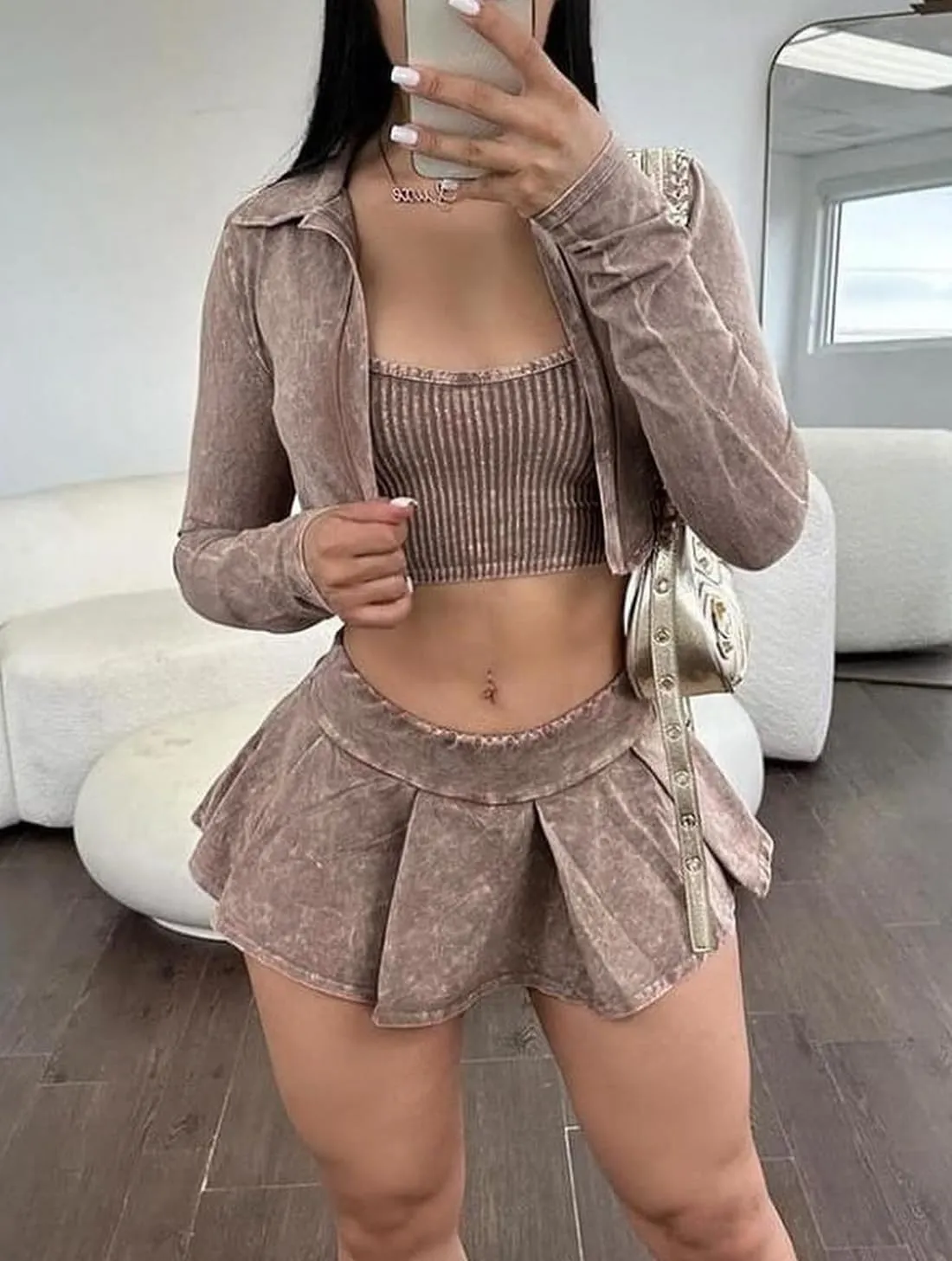 Skirt and Top Set for Women Sexy Casual Long Sleeve Crop Tops and Tennis Skort Dress 3 Piece Outfits Going Out Sweat Suit