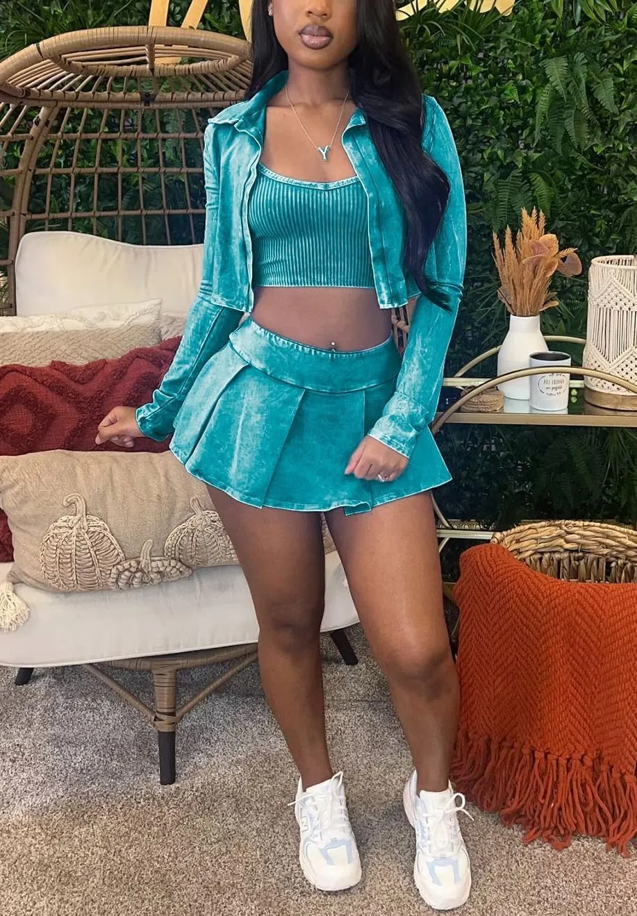 Skirt and Top Set for Women Sexy Casual Long Sleeve Crop Tops and Tennis Skort Dress 3 Piece Outfits Going Out Sweat Suit