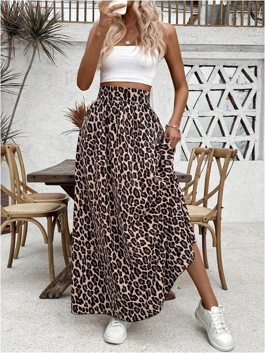 SOLY HUX Women's Leopard Print Maxi Skirt High Waisted A Line Flowy Casual Long Skirts
