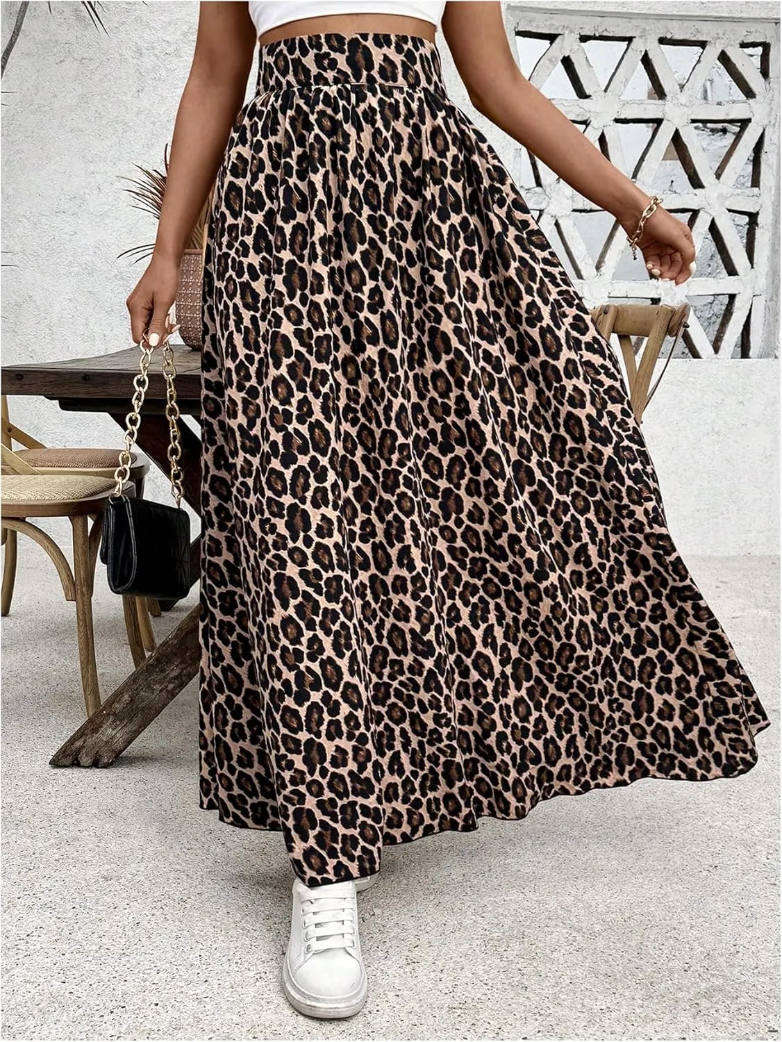 SOLY HUX Women's Leopard Print Maxi Skirt High Waisted A Line Flowy Casual Long Skirts