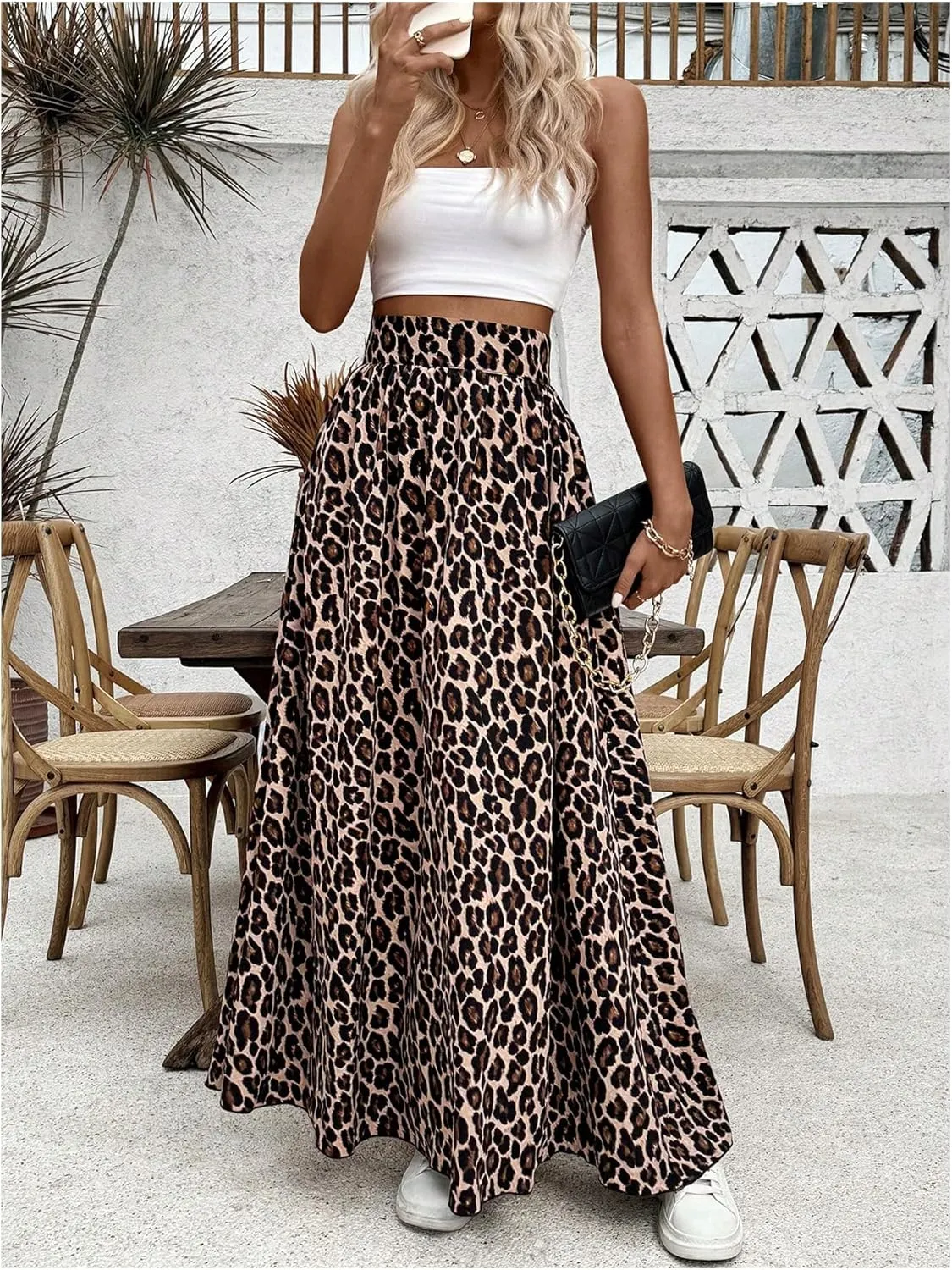 SOLY HUX Women's Leopard Print Maxi Skirt High Waisted A Line Flowy Casual Long Skirts