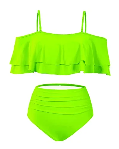 Stylish Off Shoulder High Waisted Bikini Set Swimsuit-Neon Green
