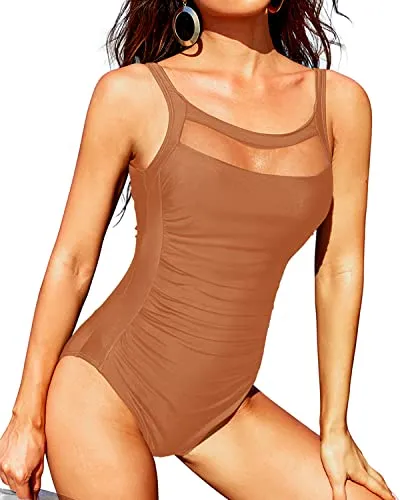 Stylish U Back Round Neck One Piece Swimsuits-Brown