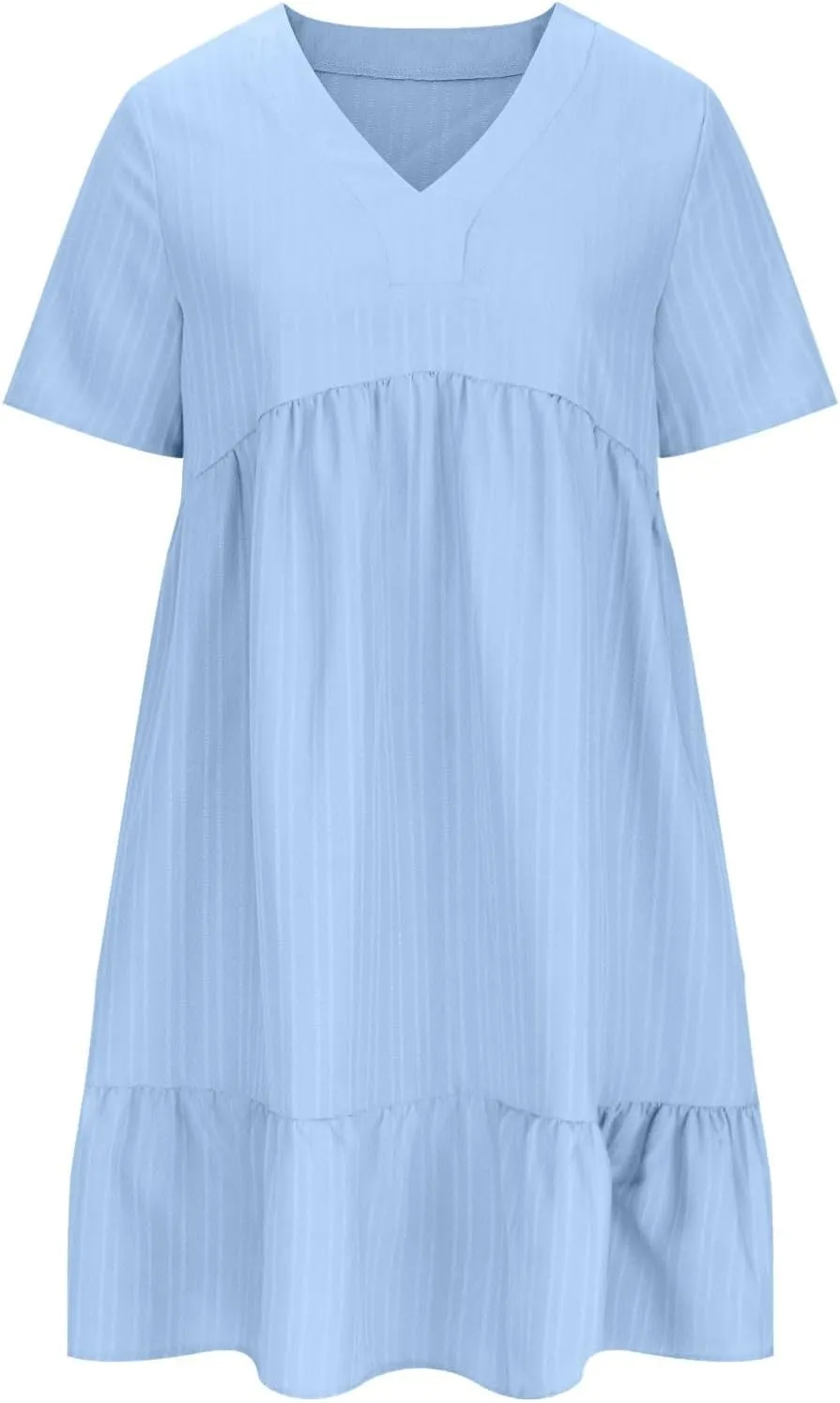 Summer Dresses for Women 2025 Casual Short Sleeve V Neck Sundress Ruffle Hem Smocked Swing Mini Dress Resort Wear