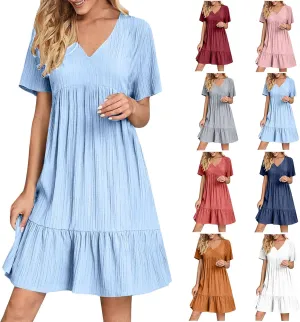 Summer Dresses for Women 2025 Casual Short Sleeve V Neck Sundress Ruffle Hem Smocked Swing Mini Dress Resort Wear