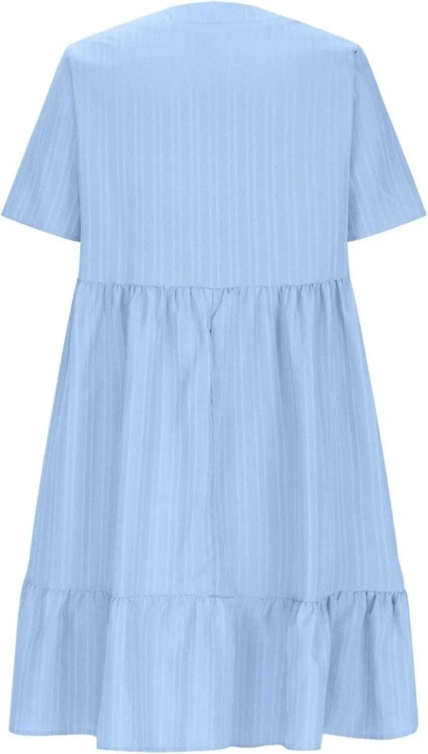 Summer Dresses for Women 2025 Casual Short Sleeve V Neck Sundress Ruffle Hem Smocked Swing Mini Dress Resort Wear