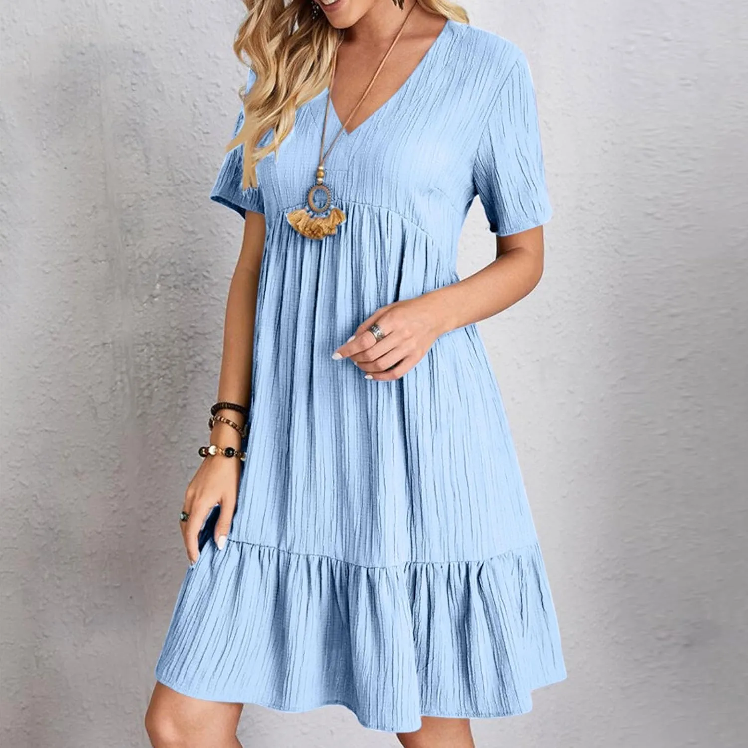 Summer Dresses for Women 2025 Casual Short Sleeve V Neck Sundress Ruffle Hem Smocked Swing Mini Dress Resort Wear