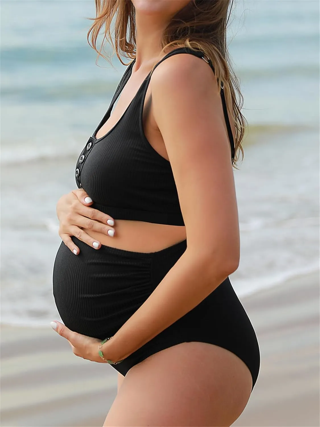 Summer Mae Maternity Ribbed High Waist Swimsuit Crop Top Bikini Bathing Suit High Cut Two Piece Pregnancy Swimwear