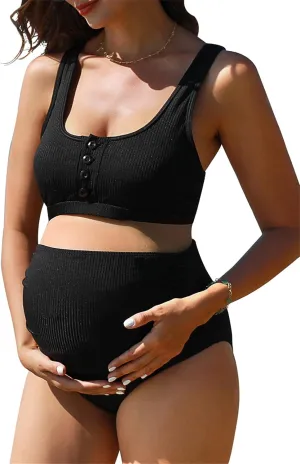 Summer Mae Maternity Ribbed High Waist Swimsuit Crop Top Bikini Bathing Suit High Cut Two Piece Pregnancy Swimwear