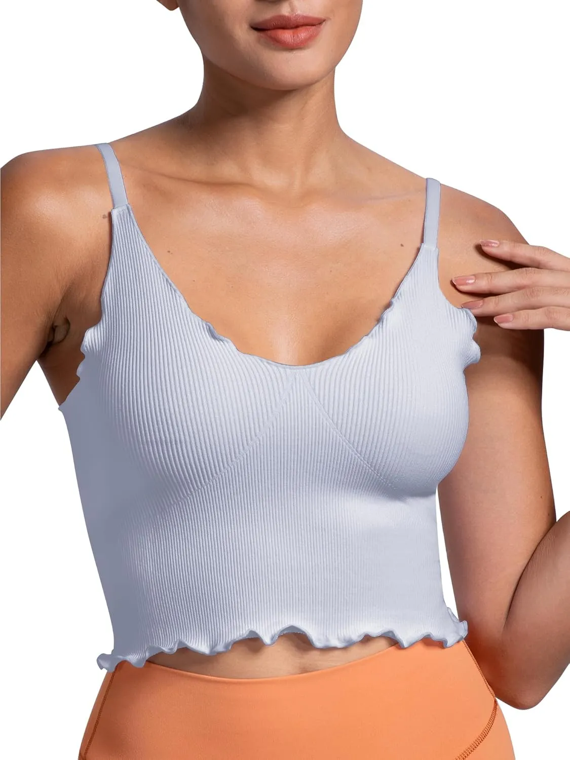 Sunzel Tank Top for Women, V Neck Seamless Ribbed Crop Camisole with Ruffles