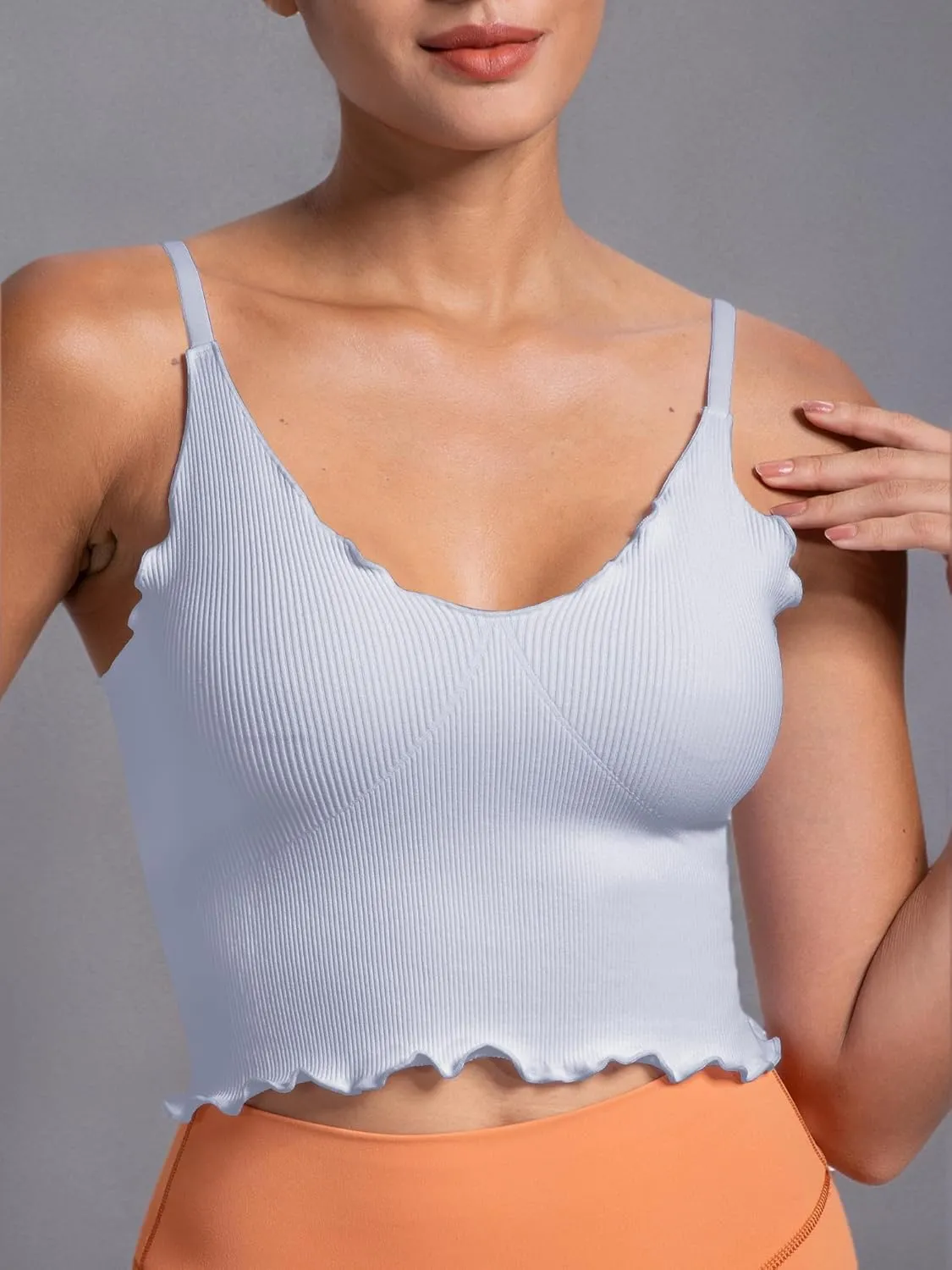 Sunzel Tank Top for Women, V Neck Seamless Ribbed Crop Camisole with Ruffles