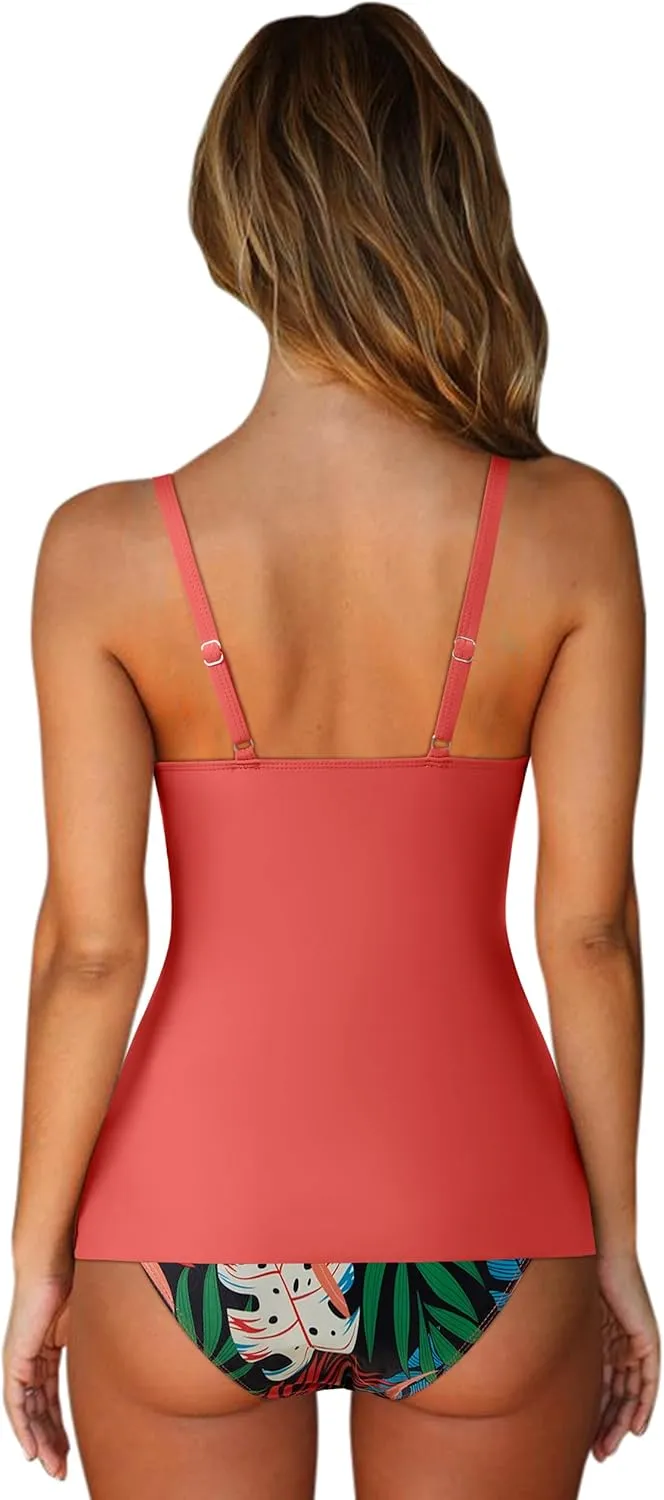 SUUKSESS Women's Tummy Control Tankini Swimsuit Push Up Knot Front Bathing Suits
