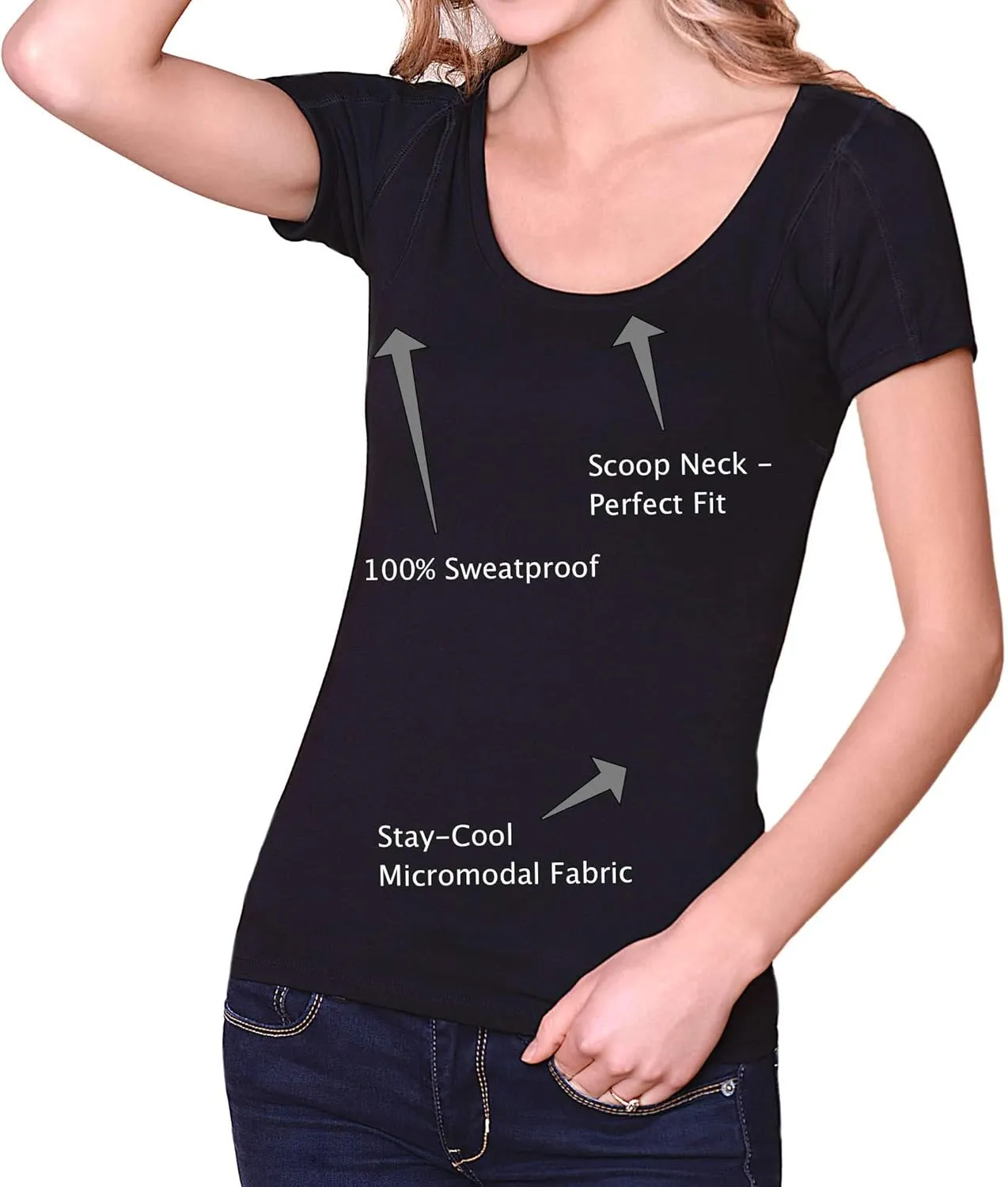Sweatproof Undershirt for Women, Scoop Neck, Black, Armpit Sweat Pads, Stops Underarm Sweat, Sweat Proof Undergarment