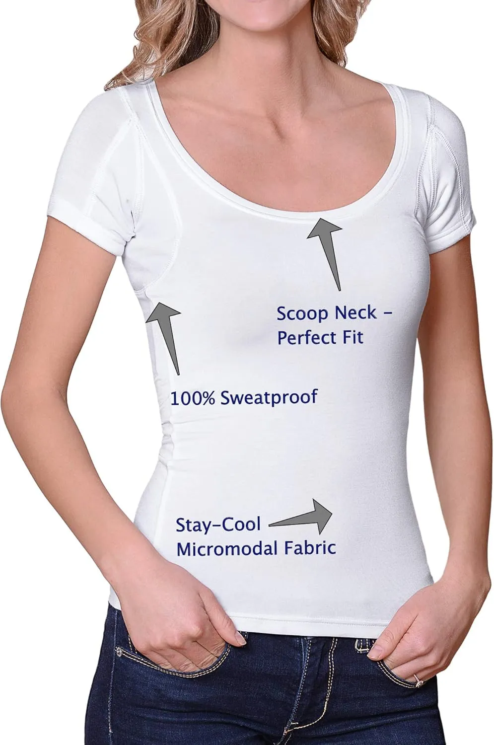 Sweatproof Undershirt for Women, Scoop Neck, White, Armpit Sweat Pads, Stops Underarm Sweat, Sweat Proof Undergarment